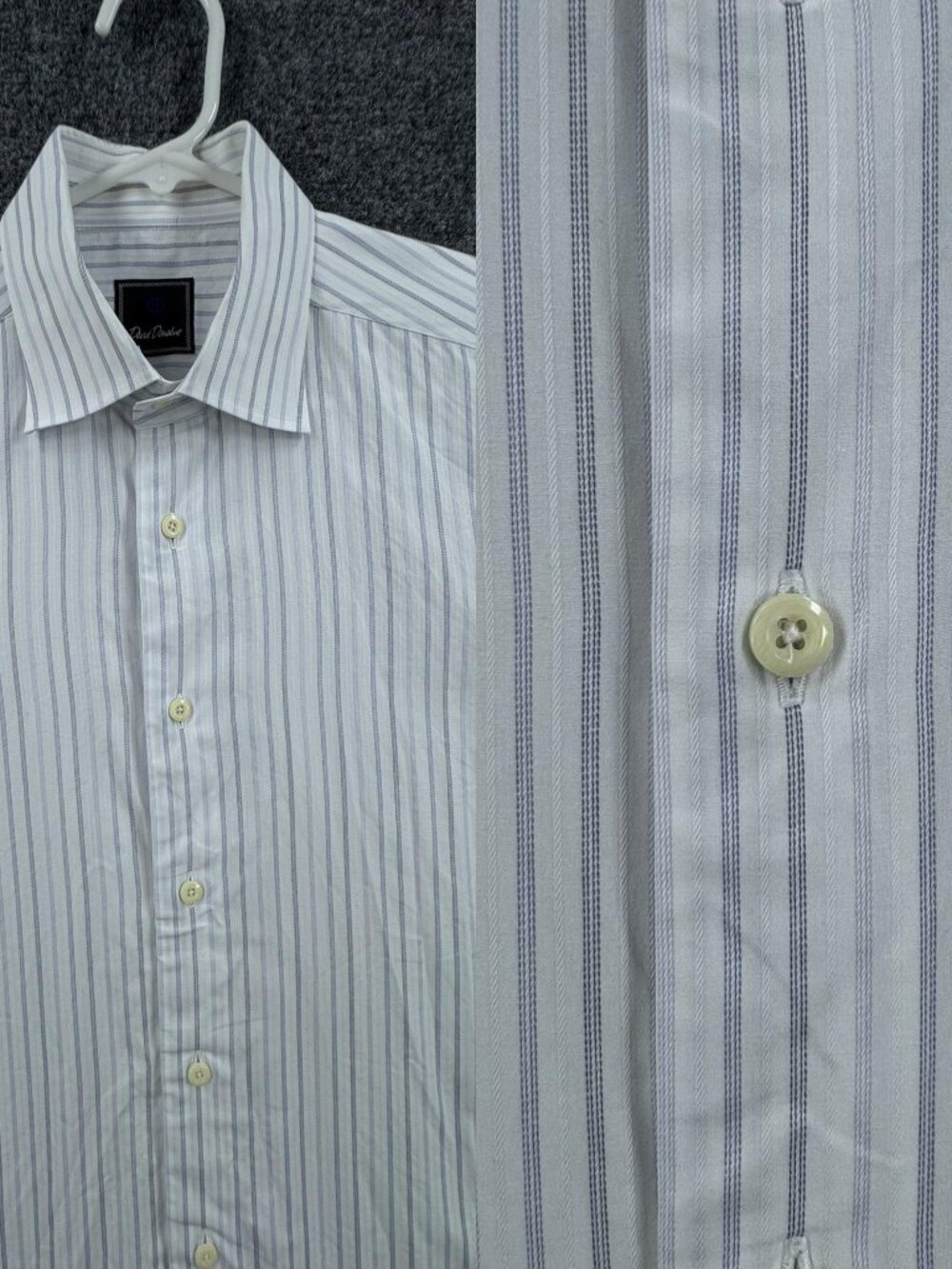 David Donahue Logo White Blue 16.5 34/35 Striped Cotton Long Sleeve Shirt Mens